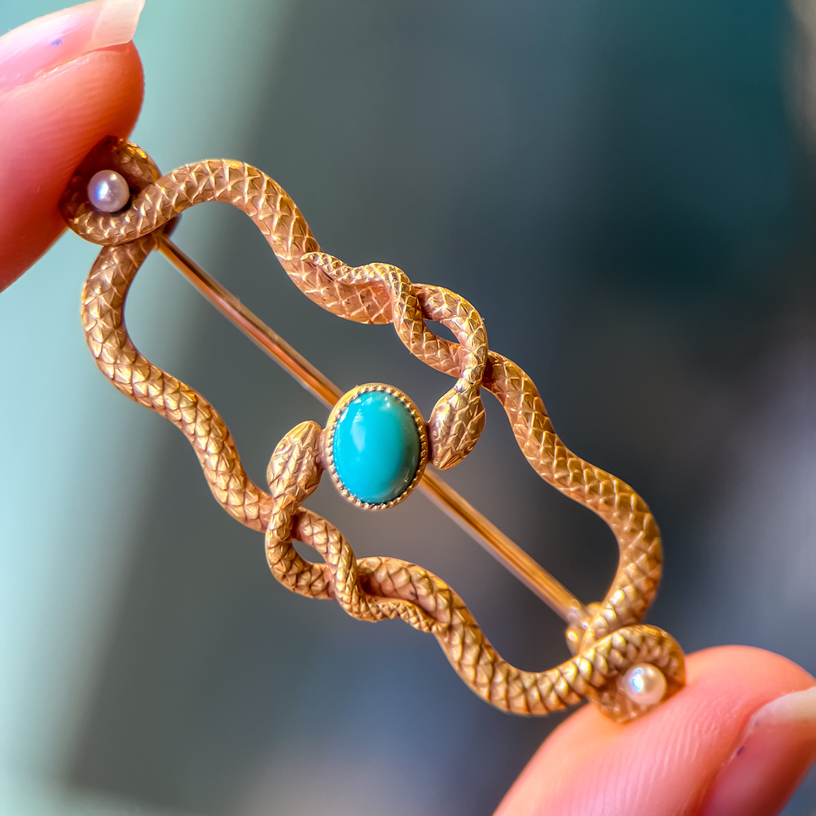 Victorian Turquoise & Pearl Snake Brooch