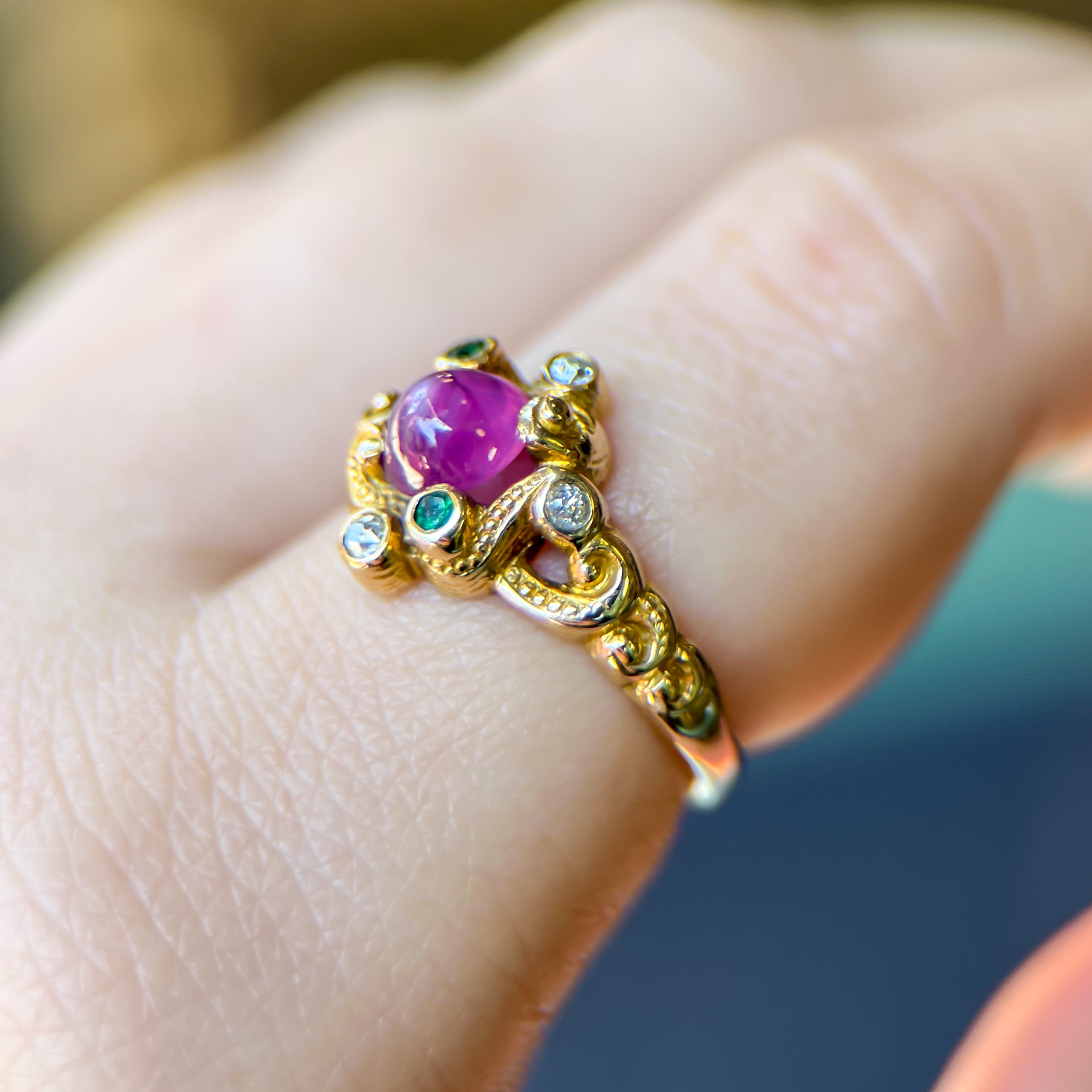 Arts & Crafts 14K Star Pink Sapphire, Emerald, and Diamond Ring