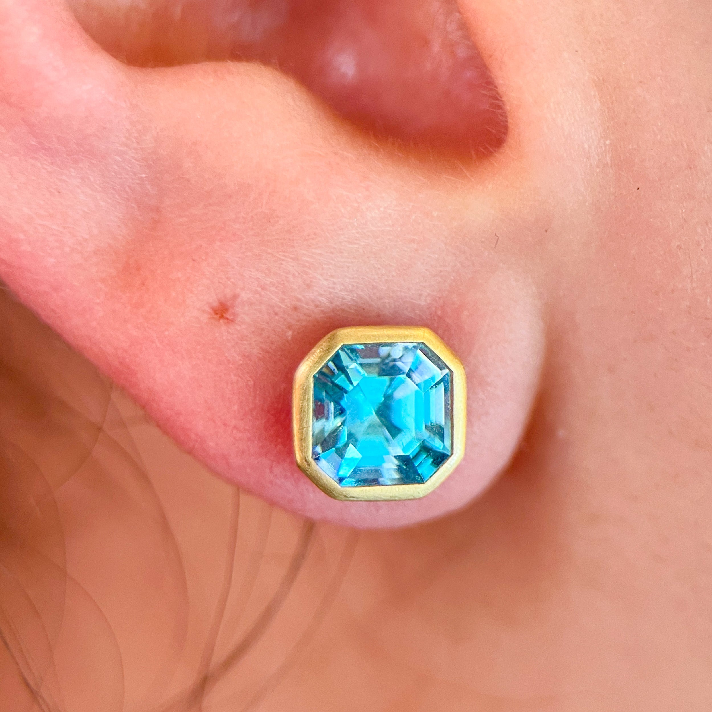 Blue Zircon Asscher Cut Bezel Studs