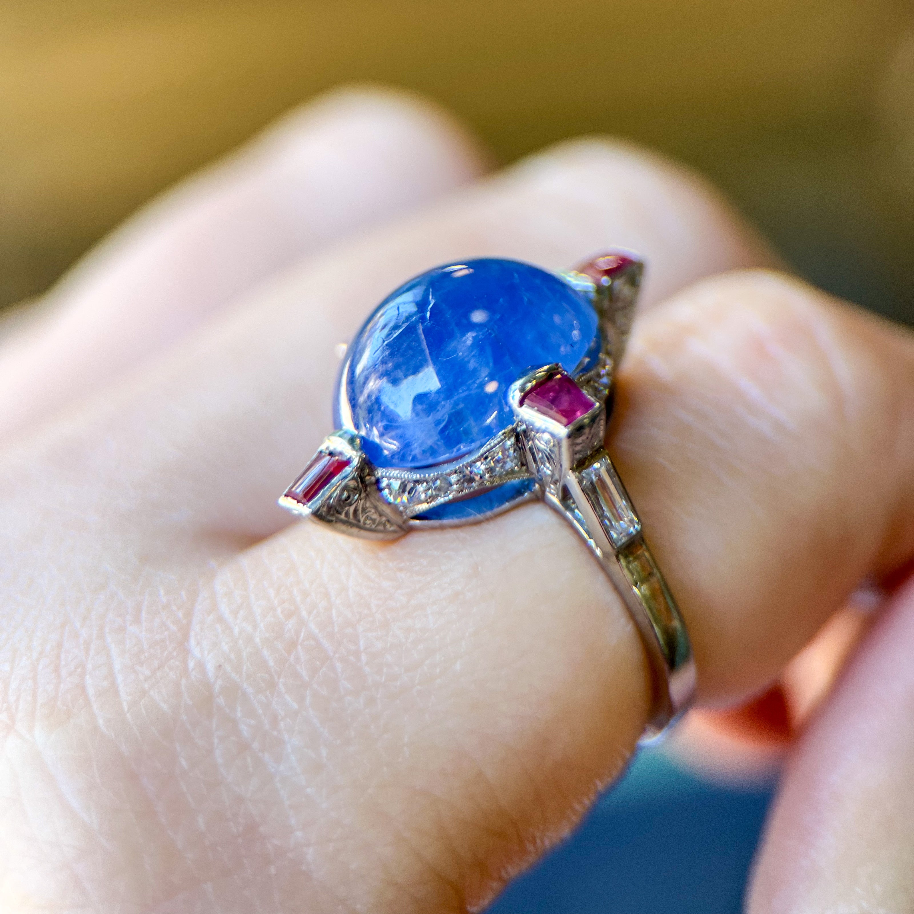 Art Deco Platinum Cabochon Sapphire, Ruby & Diamond Ring
