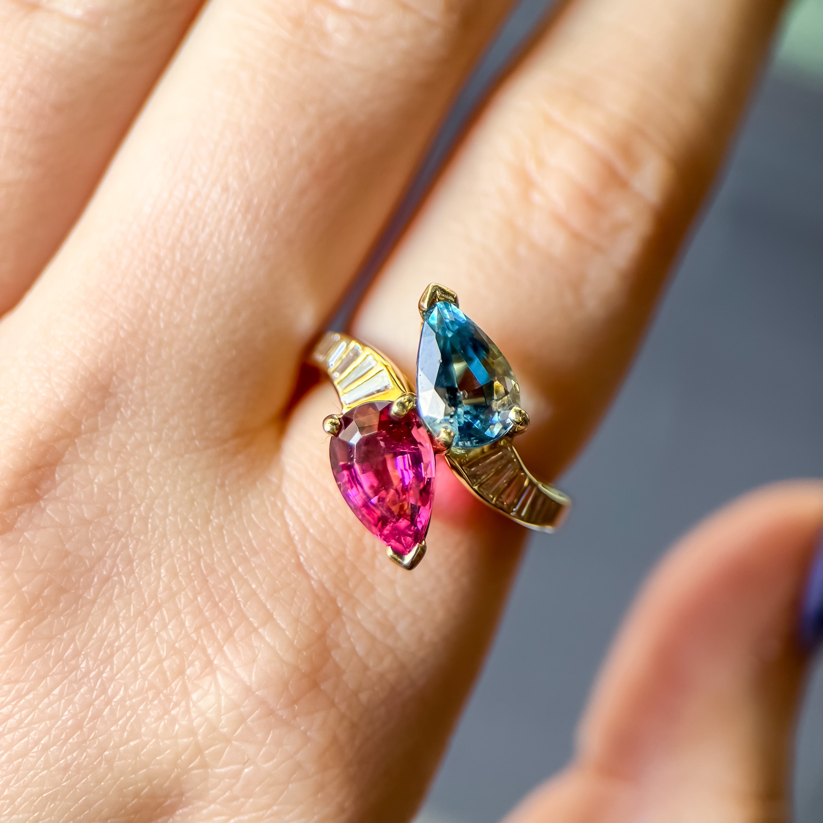 Vintage Pink Tourmaline, Aquamarine & Natural Diamond Bypass Ring