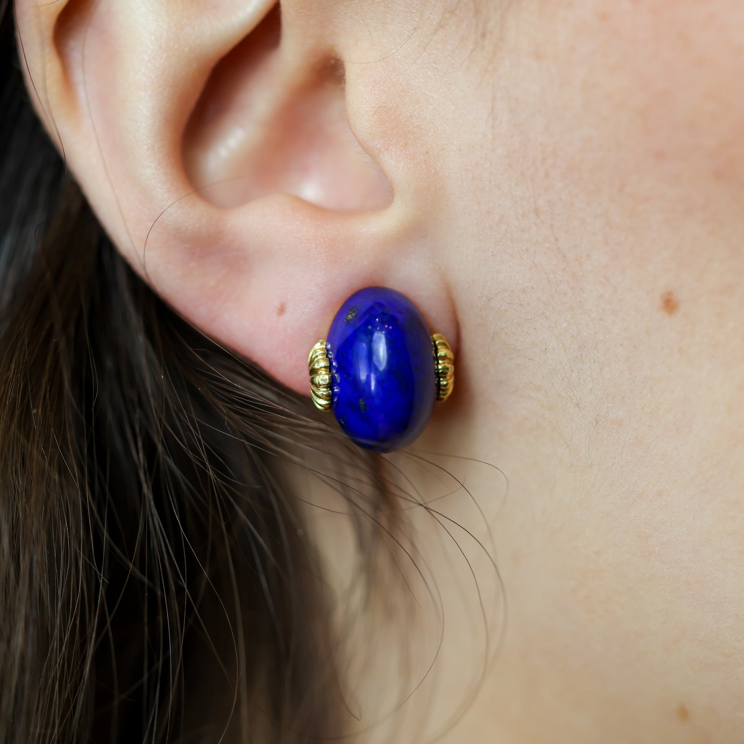 Vintage Lapis Lazuli Oval Cabochon Clip Earrings