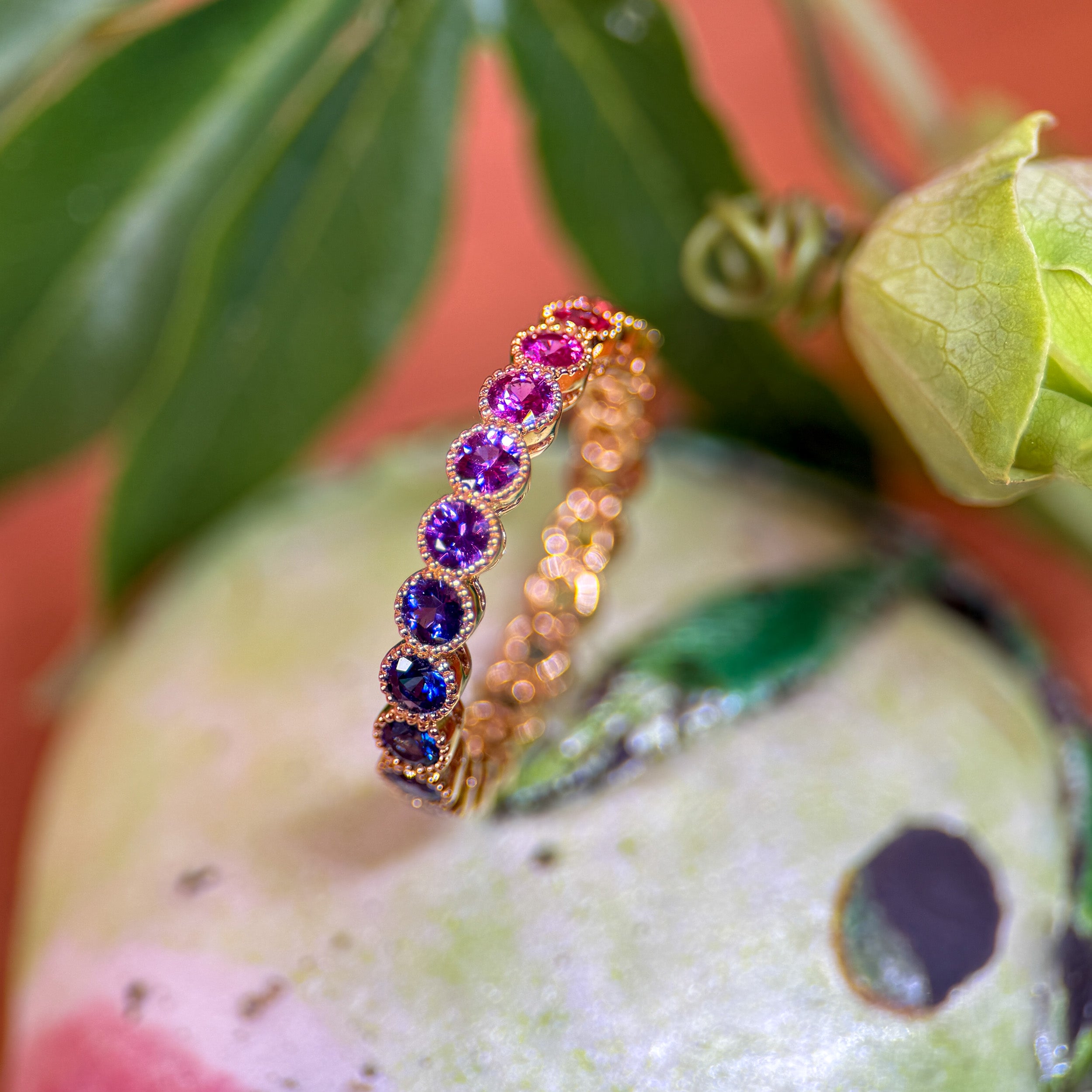 Rainbow Sapphire Round Millegrain Bezel Eternity Ring