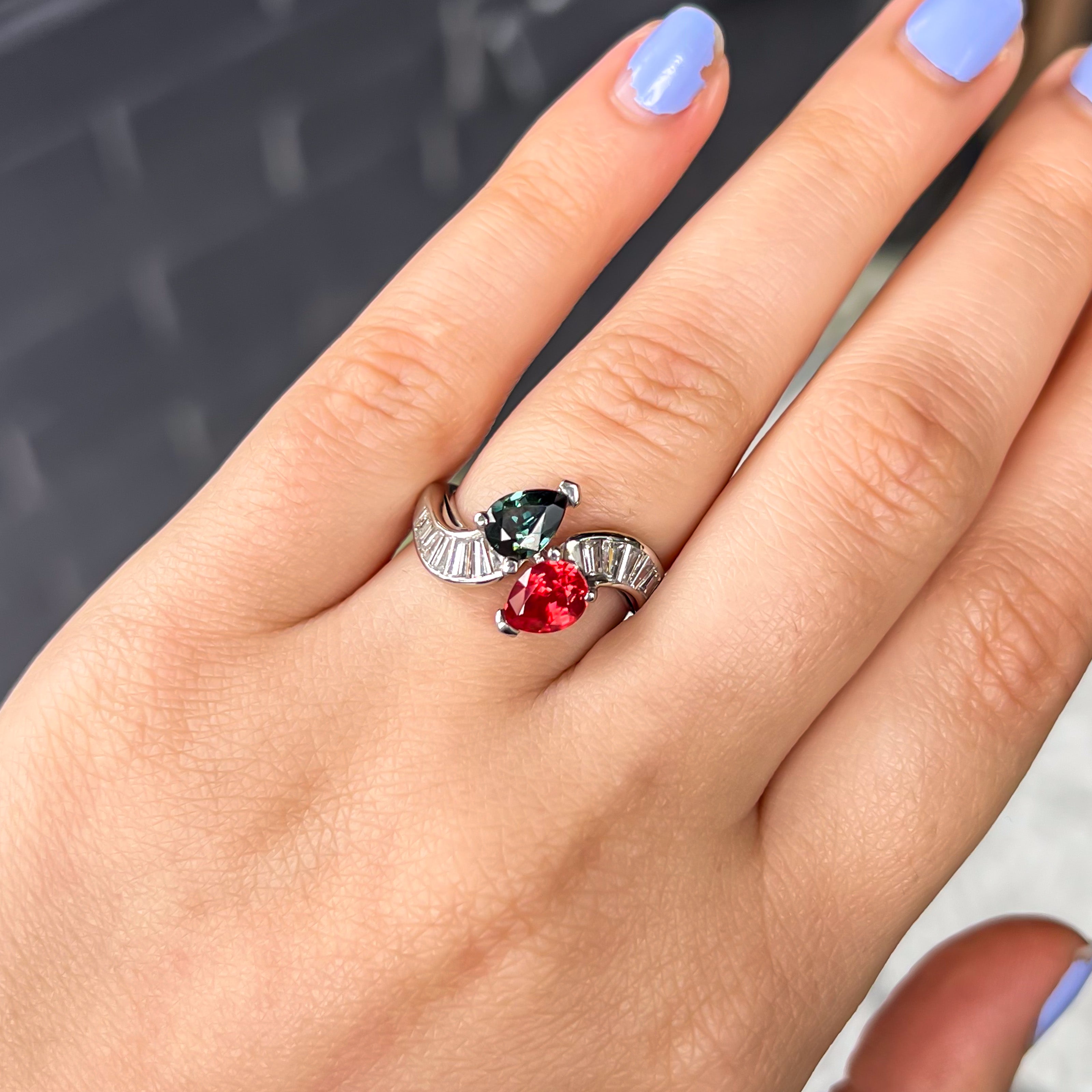 Vintage Platinum Green Sapphire & Spinel Diamond Bypass Ring