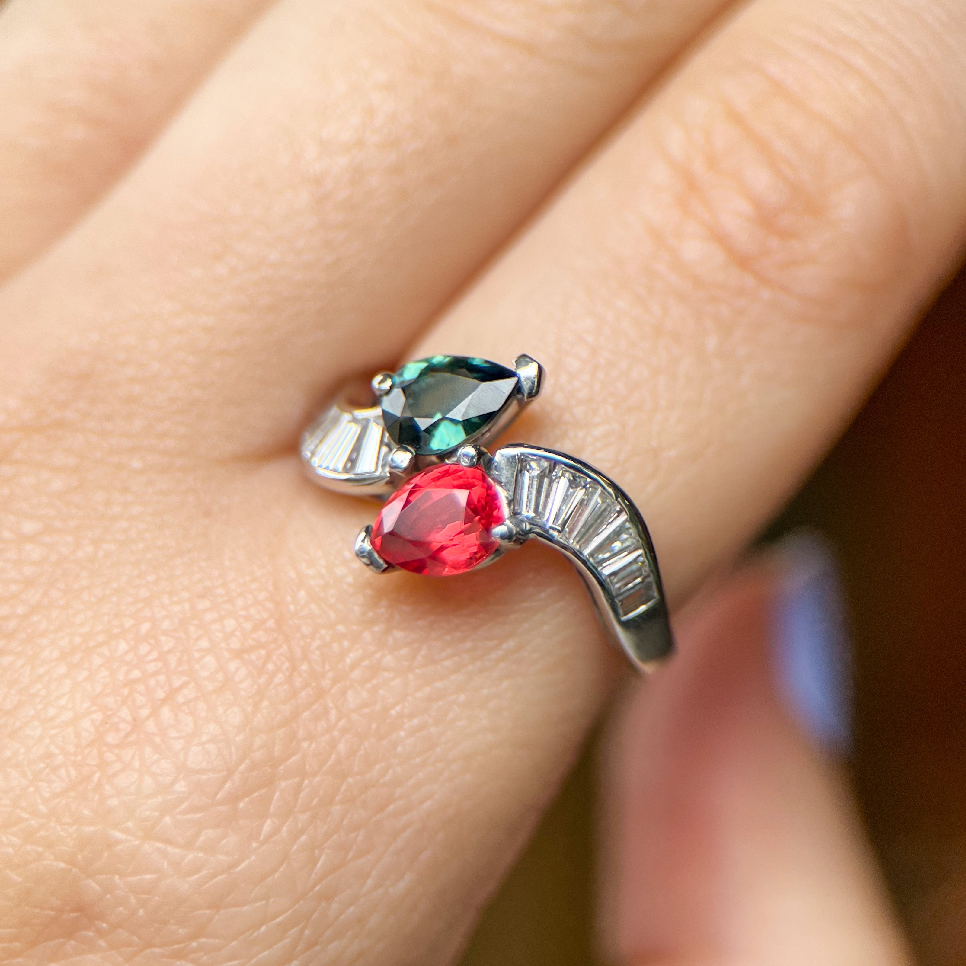 Vintage Platinum Green Sapphire & Spinel Diamond Bypass Ring