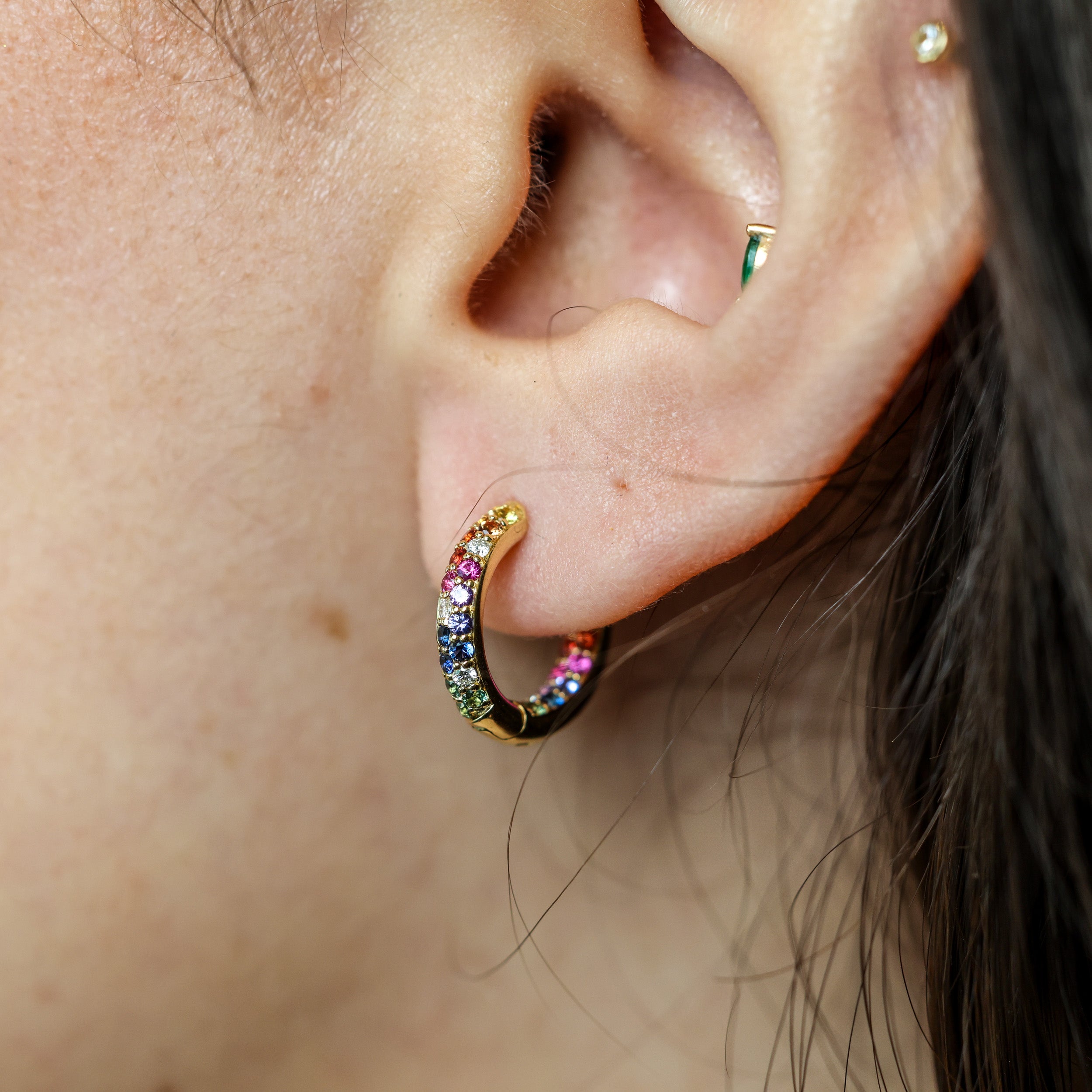 Small Rainbow Sapphire & Diamond 18K Huggie Hoops