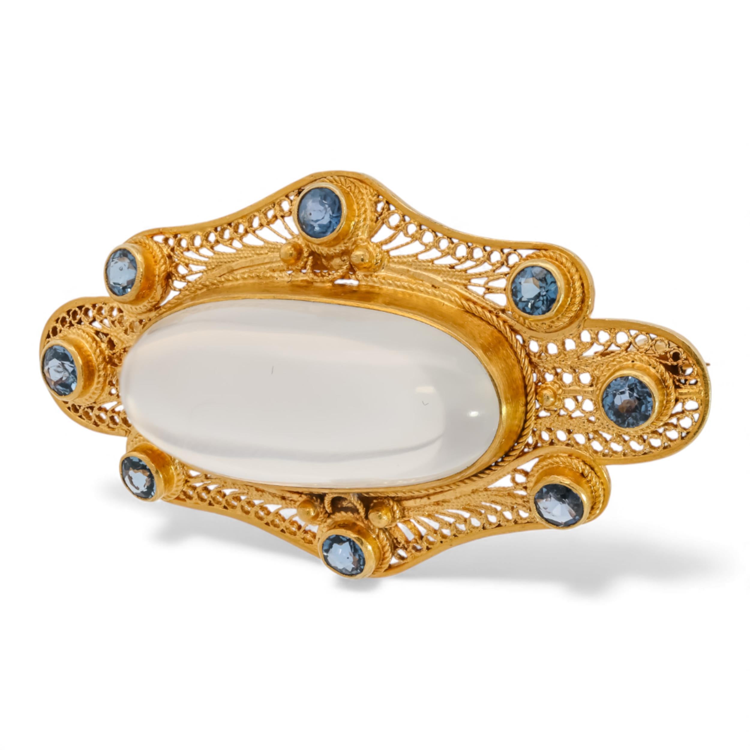 Edwardian Moonstone & Montana Sapphire Canetille Brooch