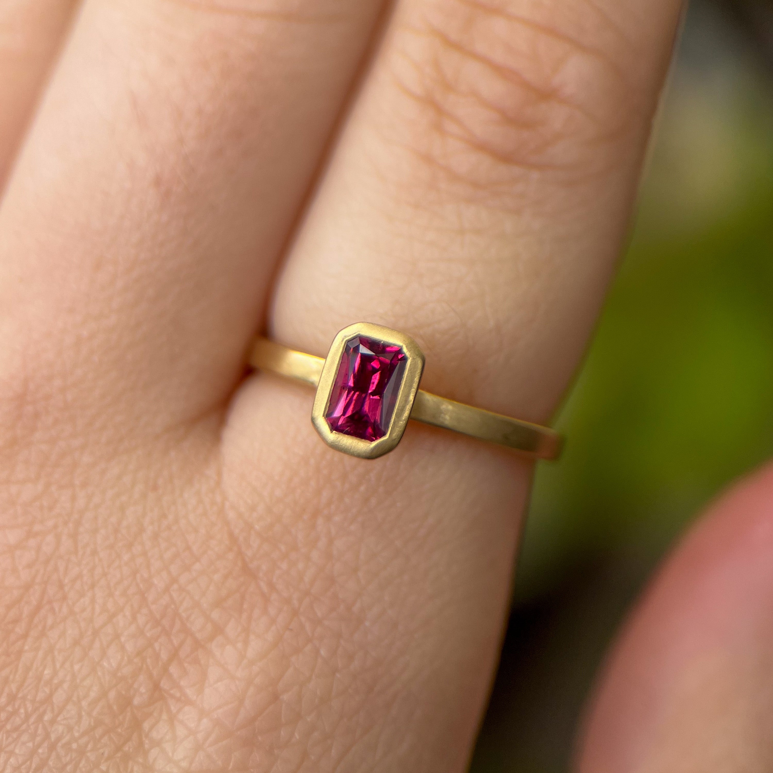 Emerald Cut Rhodolite Garnet Yumdrop Ring